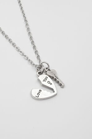 Kalp ve Anahtar 'Love' Yazılı Kolye - Düz Ezme İthal Zincirli Unisex Gümüş Kaplama - 60 cm