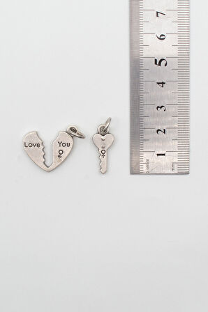 Kalp ve Anahtar 'Love' Yazılı Kolye - Düz Ezme İthal Zincirli Unisex Gümüş Kaplama - 60 cm