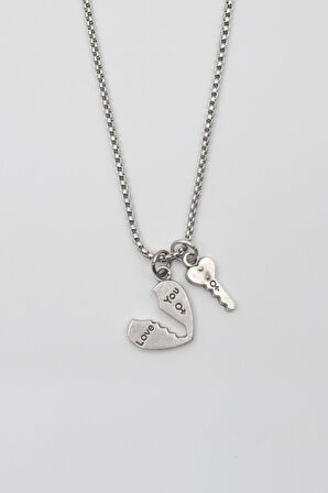 Kalp ve Anahtar 'Love' Yazılı Kolye - Örme İthal Zincirli Unisex Gümüş Kaplama - 60 cm