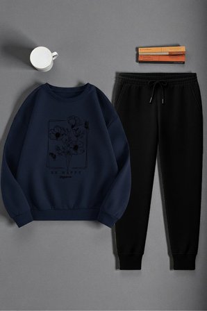 Unisex Kurdele Tasarım Baskılı Bisiklet Yaka Sweatshirt 2'li Eşofman Takımı