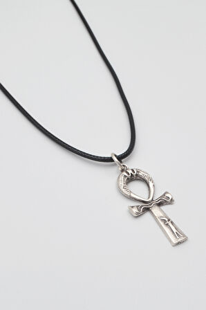 Ankh Yaşam Kolye - PU Deri İp Zincirli Unisex Gümüş Kaplama Mısır Sembolü - 60 cm