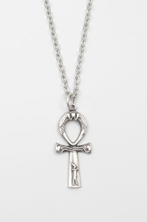Ankh Yaşam Kolye - Düz Ezme İthal Zincirli Unisex Gümüş Kaplama Mısır Sembolü - 60 cm