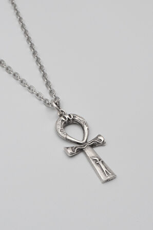 Ankh Yaşam Kolye - Düz Ezme İthal Zincirli Unisex Gümüş Kaplama Mısır Sembolü - 60 cm
