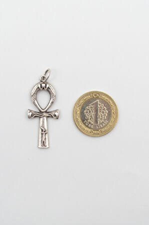 Ankh Yaşam Kolye - Düz Ezme İthal Zincirli Unisex Gümüş Kaplama Mısır Sembolü - 60 cm