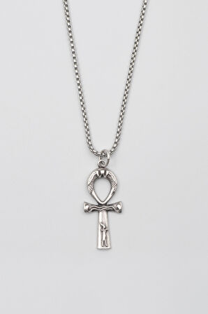 Ankh Yaşam Kolye - Örme İthal Zincirli Unisex Gümüş Kaplama Mısır Sembolü - 60 cm