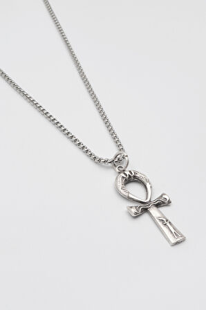 Ankh Yaşam Kolye - Örme İthal Zincirli Unisex Gümüş Kaplama Mısır Sembolü - 60 cm