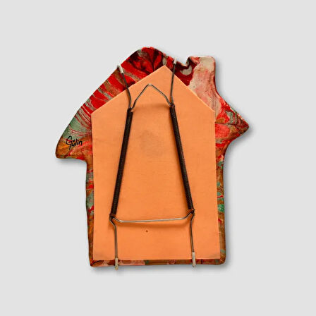 Uretti - Gülin 6449 -  Ebru Sanatı İle Boyanmış Ev Şeklinde Dekoratif Duvar Süsü 20cm - Sarı