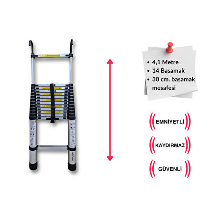 410 cm. - 14  Basamaklı Kancalı Teleskobik / Teleskopik Alüminyum Merdiven - I Tipi Uzayan Merdiven