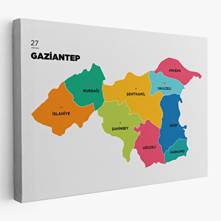 Harita Sepeti Gaziantep İli ve İlçeler Haritası Dekoratif Kanvas Tablo 1342
