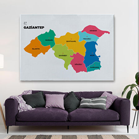 Harita Sepeti Gaziantep İli ve İlçeler Haritası Dekoratif Kanvas Tablo 1342