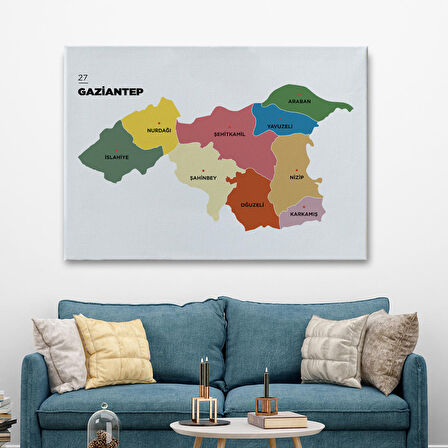 Harita Sepeti Gaziantep İli ve İlçeler Haritası Dekoratif Kanvas Tablo 1343