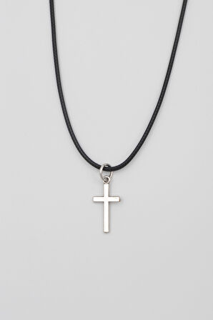 Minimalist Haç Kolye - PU Deri İp Zincirli Unisex Gümüş Kaplama - 60 cm