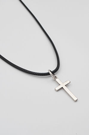Minimalist Haç Kolye - PU Deri İp Zincirli Unisex Gümüş Kaplama - 60 cm