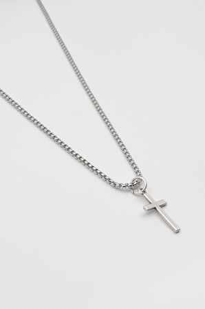 Minimalist Haç Kolye - Örme İthal Zincirli Unisex Gümüş Kaplama - 60 cm