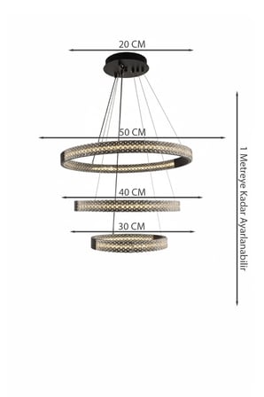 Lüks Siyah Gövde Kare Kesim Kristal Taşlı 3'lü Halka Tasarım Modern Led Avize
