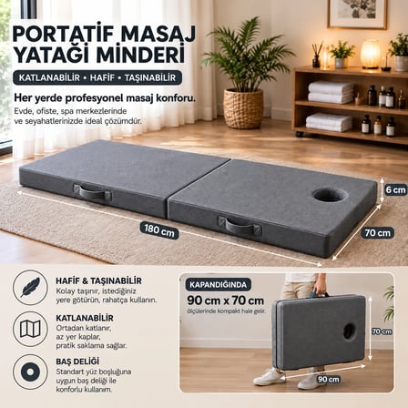 Masaj Yatağı Portatif Katlanabilir Masaj Yatağı Minderi 6 cm Sünger  180x70 cm