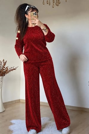Simli Gold Düğmeli İkili Takım Kırmızı