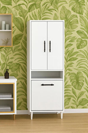 Kirli Sepetli 2 Kapaklı 3 Raflı Çok Amaçlı Ahşap Banyo Dolabı, Banyo Düzenleyici Çamaşır Sepeti