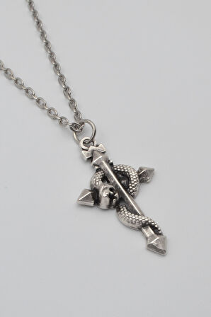 Modern Yılanlı Haç Kolye - Düz Ezme İthal Zincirli Unisex Gümüş Kaplama - 60 cm