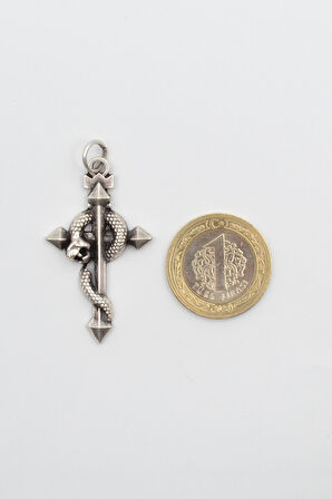 Modern Yılanlı Haç Kolye - Düz Ezme İthal Zincirli Unisex Gümüş Kaplama - 60 cm