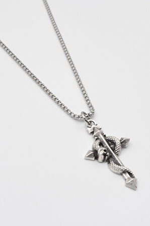 Yılanlı Haç Kolye - Örme İthal Zincirli Unisex Gümüş Kaplama Sembolik Kolye - 60 cm