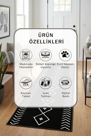 İskandinav Siyah Beyaz Modern Dijital Baskı Yıkanabilir Kaymaz Yolluk Halı