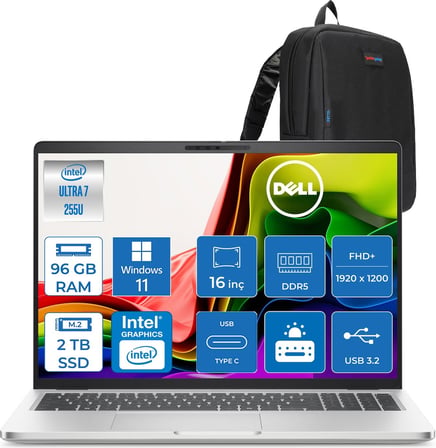 Dell Pro 16 Intel Core Ultra 7 255U 5.2ghz 96GB Ddr5 2tb SSD Windows 11 Pro Intel® Aı Boost 16 Inç IPS Fullhd+ (1920X1200) Taşınabilir Bilgisayar PC16250BTO107P39 + Zetta Çanta