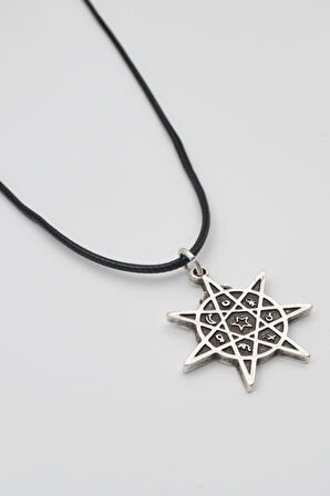 Heptagram Astroloji 7 Nokta Yıldız Kolye - PU Deri İp Zincirli Unisex Gümüş Kaplama - 60 cm