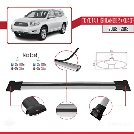 Toyota Highlander (XU40) 2008-2013 Arası ile Uyumlu FLY Model Ara Atkı Tavan Barı Gri 2 Adet