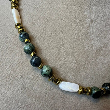 Uretti - Özlem 9422 0572 El Yapımı Jade - Yılan - Sedef  ve Hematit Doğal Taş Kolye