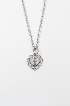 Modern Kalp İçinde Haç Kolye - Düz Ezme İthal Zincirli Unisex Gümüş Kaplama - 60 cm