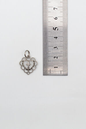 Modern Kalp İçinde Haç Kolye - Düz Ezme İthal Zincirli Unisex Gümüş Kaplama - 60 cm