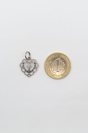 Modern Kalp İçinde Haç Kolye - Düz Ezme İthal Zincirli Unisex Gümüş Kaplama - 60 cm