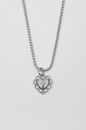 Minimalist Kalp Haç Kolye - Örme İthal Zincirli Unisex Gümüş Kaplama - 60 cm