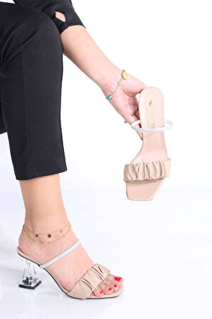 Hector Nude Mat Deri Taşlı Topuklu Kadın Terlik