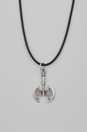 Viking Çift Taraflı Balta Kolye - PU Deri İp Zincirli Unisex Gümüş Kaplama - 60 cm