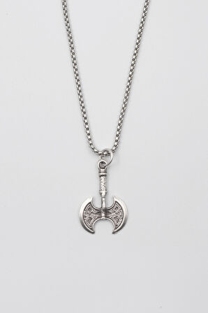 Viking Çift Başlı Balta Kolye - Örme İthal Zincirli Unisex Gümüş Kaplama - 60 cm