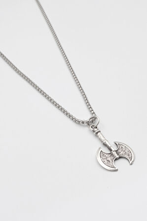 Viking Çift Başlı Balta Kolye - Örme İthal Zincirli Unisex Gümüş Kaplama - 60 cm