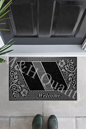 Çiçekli Modeli Welcome Yazlı Kapı Önü Paspası Gri Rengi