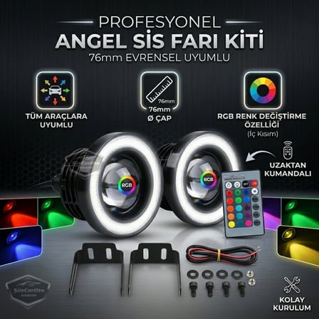 Üniversal Kumandalı RGB Mercekli Angel Sis Farı Metal Su Geçirmez 76 mm Beyaz Halkalı Gündüz Farı Angel Eyes 2 Adet