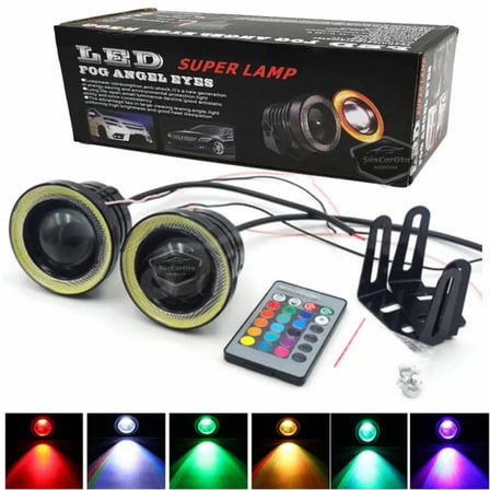 Üniversal Kumandalı RGB Mercekli Angel Sis Farı Metal Su Geçirmez 76 mm Beyaz Halkalı Gündüz Farı Angel Eyes 2 Adet