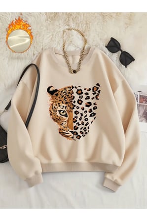 Unisex Leopar Desenli Kaplan Baskılı Bisiklet Yaka Sweatshirt