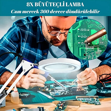 HpyTech Işıklı Masa Üstü Büyüteç 8X ,2 Kollu, 64 LED, 3 Işık Modlu, USB Kumandalı