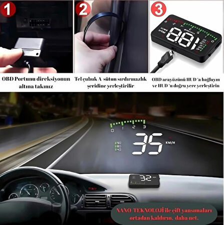 HpyTech Araç Hız Göstergesi Dijital Ekran ,KM/H MPH RPM Voltaj Su Sıcaklığı ,Yansımalı Göstergeli , OBD2 HUD
