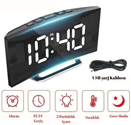 HpyTech Aynalı Alarmli Dijital Saat 7 inç Kavisli Ekran Parlaklık Ayarlı
