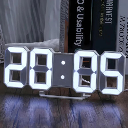 HpyTech LED Dijital Duvar Saati  Alarm  Sıcaklık Ve Tarih Göstergeli Uzay Saati, Otomatik Işıklı Beyaz Çerçeve
