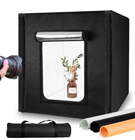 HpyTech 60x60x60 Ürün Fotoğraf Çekim Kabini Seti - LED Işıklı, Fonlu, Taşınabilir Stüdyo Çadır