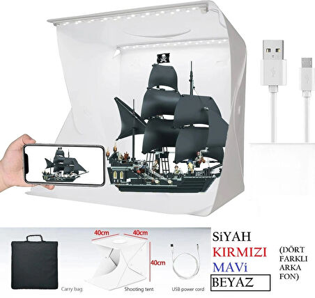 HpyTech Katlanabilir Mini Fotoğraf Kutusu– Işıklı Ürün Çekim Çadırı 40x40x40