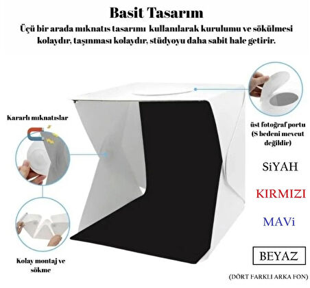 HpyTech Katlanabilir Mini Fotoğraf Kutusu– Işıklı Ürün Çekim Çadırı 40x40x40