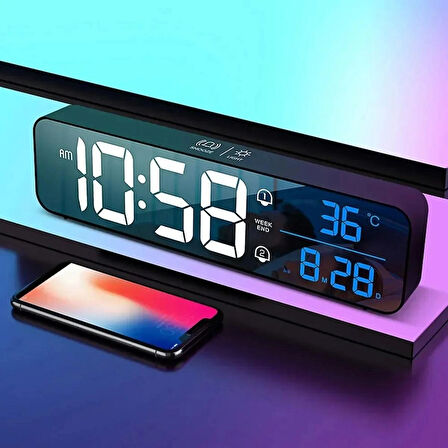 HpyTECH LED Dijital Masa Saati | Kablosuz Şarj, Çift Alarm, Sıcaklık Ölçer  